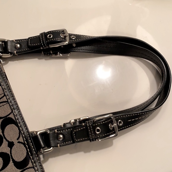 Coach vtg satchel style, black/gray w/ outer pocket, blk leather handles - Picture 5 of 10